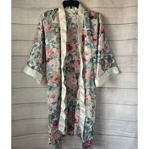 Mystique Intimates Floral Satin Robe Wrap with Tie Belt Kimono Duster Size OS